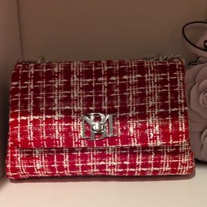Badgley Mischka Red and White Tweed Crossbody Bag